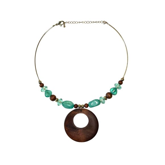 Choker Necklace Wooden Pendant Gold-Tone Metal Aqua Beads Lobster Clasp Closure - Picture 2 of 6